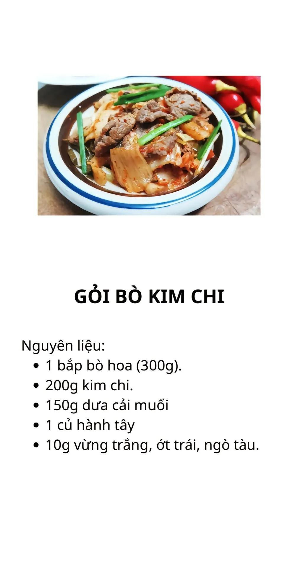 Gà hầm cay, canh kim chi thịt bò, kim chi muối, trứng cuộn hàn quốc, gỏi bò kim chi.