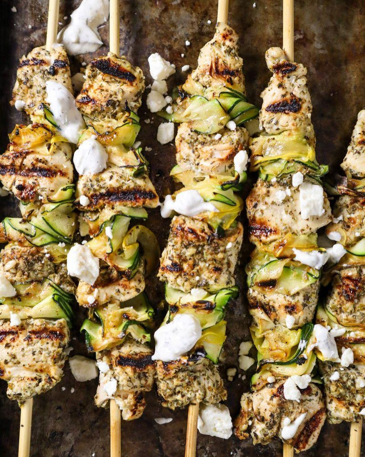 Greek-Inspired Grilled Chicken Skewers with Squash Ribbons: