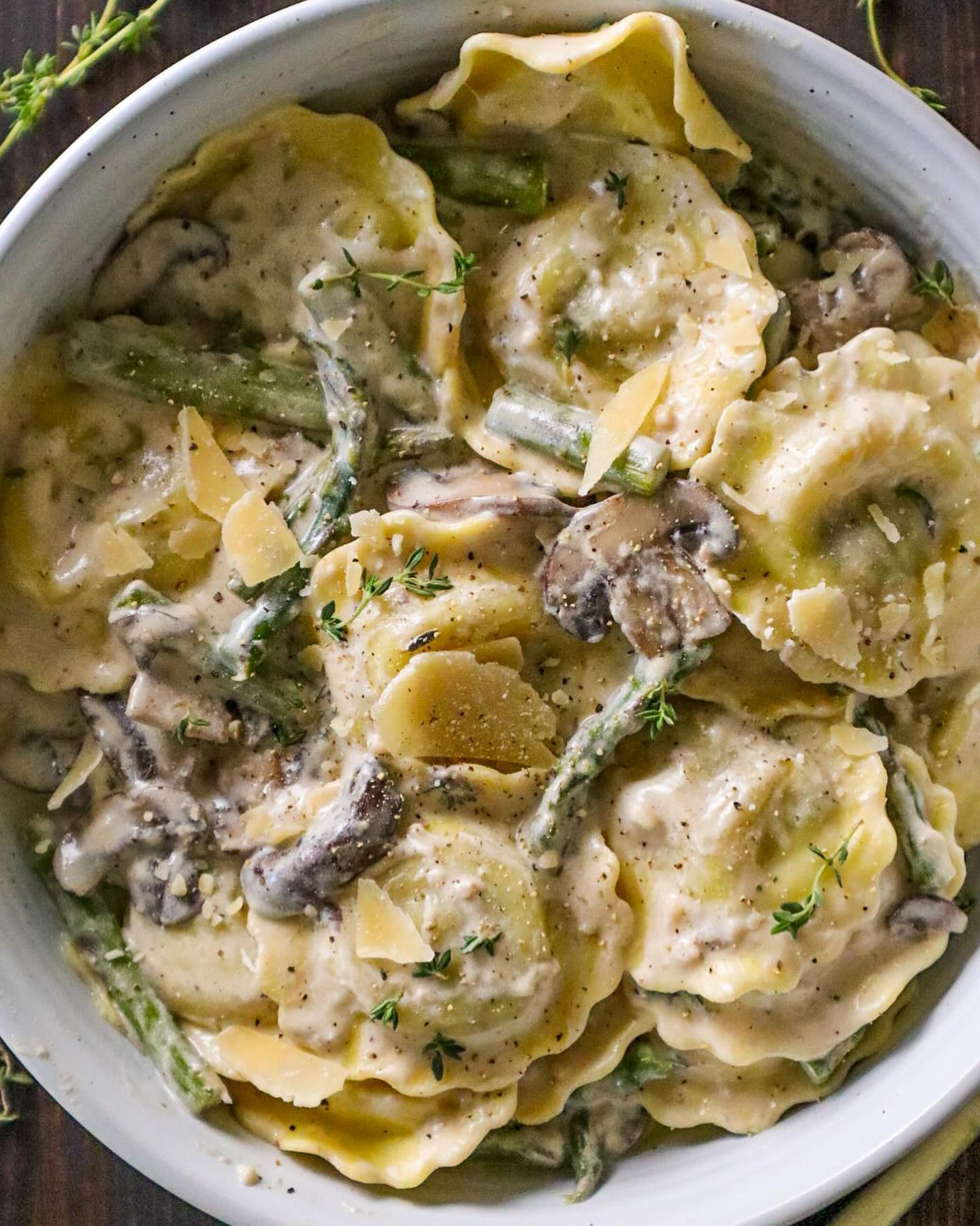 Mushroom Ravioli in Asparagus & Mushroom Cream Sauce