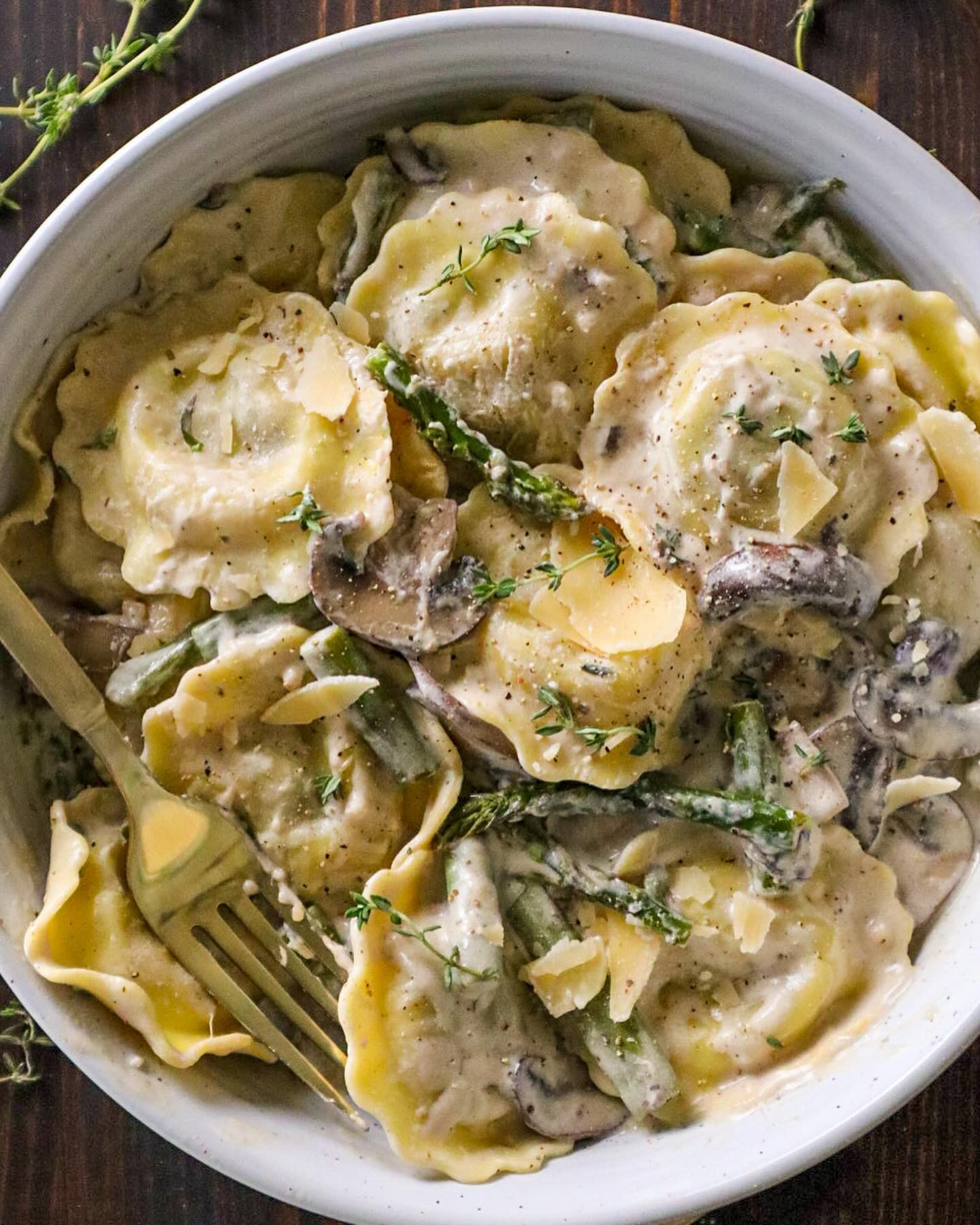 Mushroom Ravioli in Asparagus & Mushroom Cream Sauce