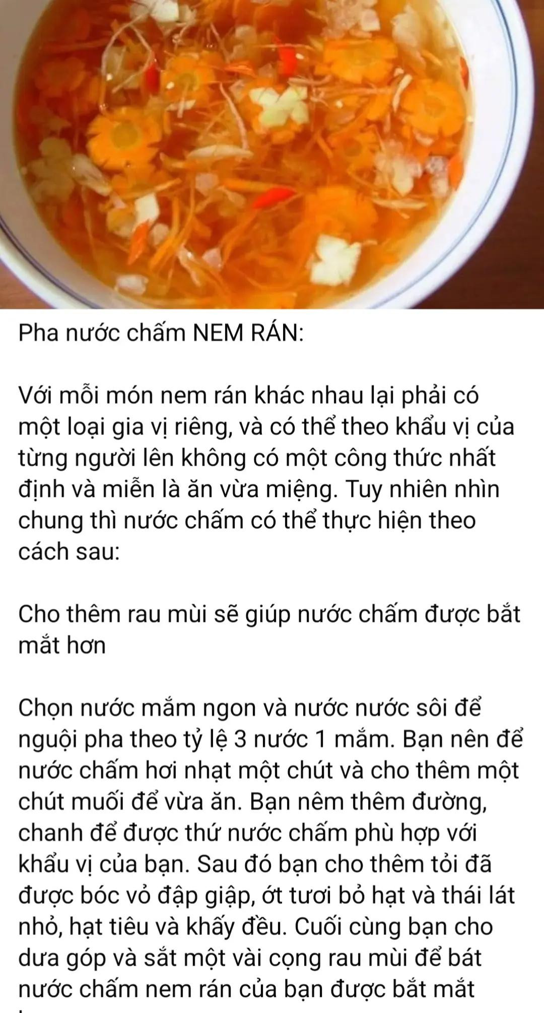 nước chấm muối ớt xanh, nước mắm chua ngọt, nước chấm mắm gừng, nước chấm thái lan, pha nước chấm nem rán, nước chấm mắm me, nước chấm cua ghẹ, sốt chấm các loại đồ chiên, nước chấm xì dầu, nước chấm mắm nêm, sốt sa tế.