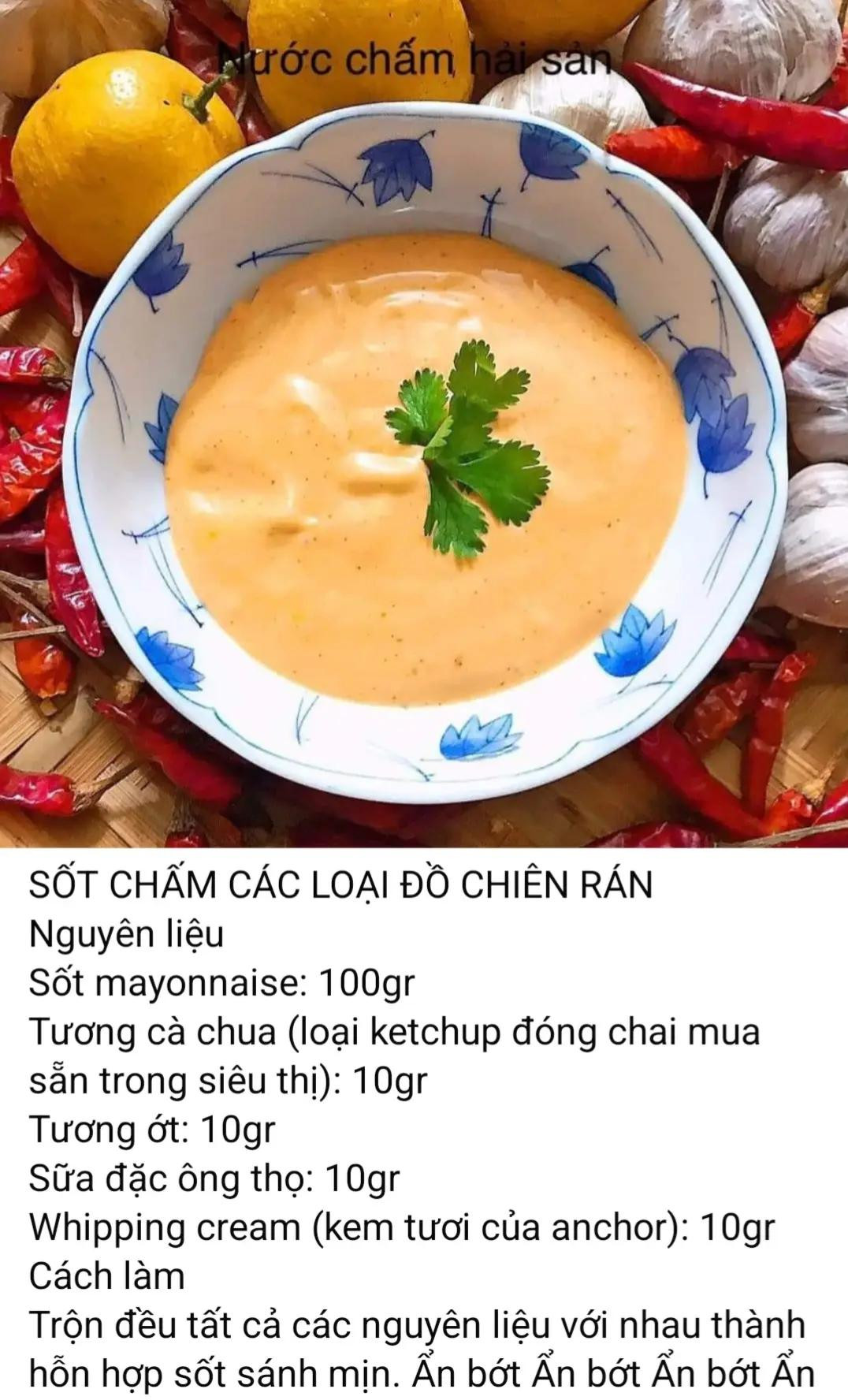 nước chấm muối ớt xanh, nước mắm chua ngọt, nước chấm mắm gừng, nước chấm thái lan, pha nước chấm nem rán, nước chấm mắm me, nước chấm cua ghẹ, sốt chấm các loại đồ chiên, nước chấm xì dầu, nước chấm mắm nêm, sốt sa tế.