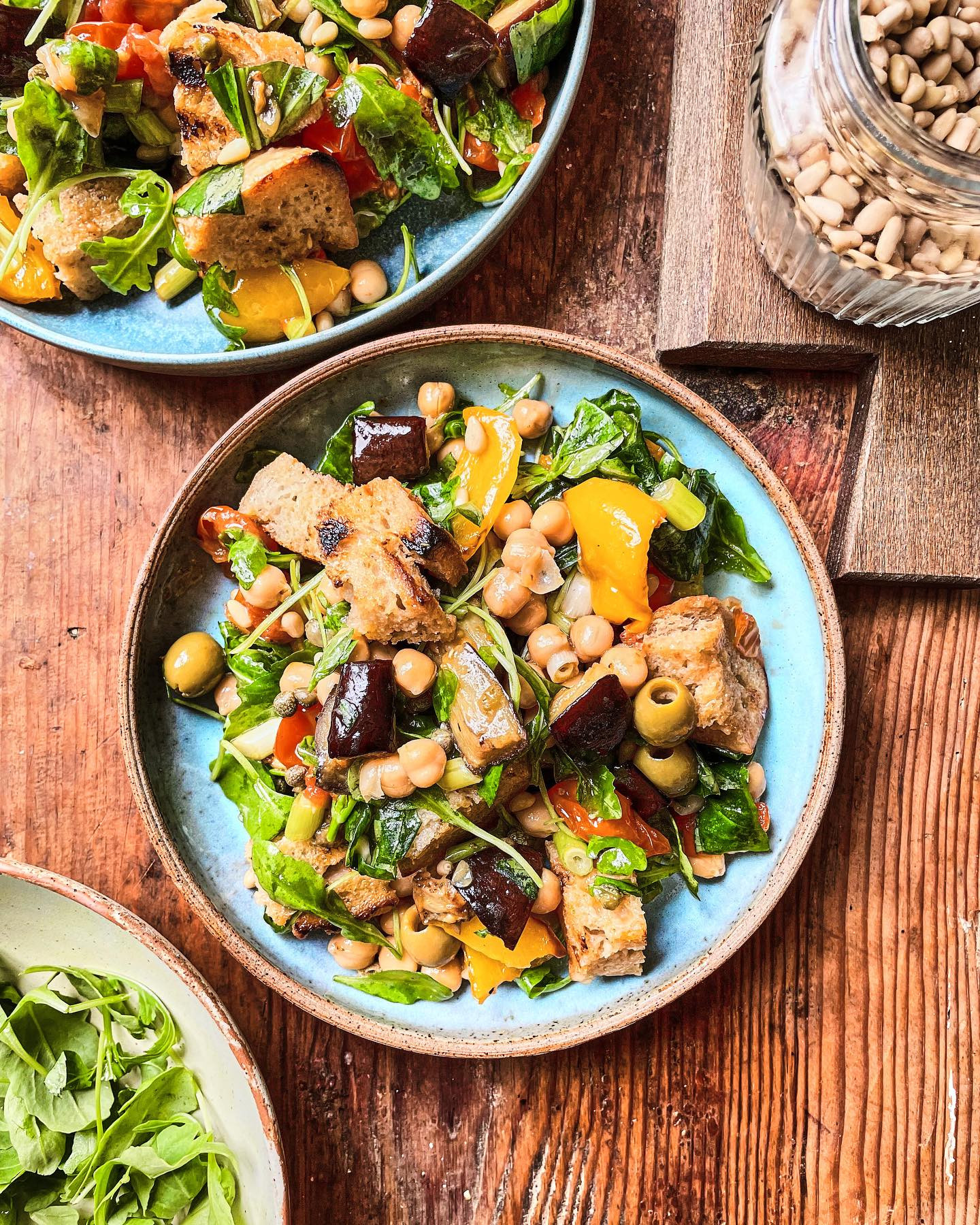 smoky aubergine panzanella & chickpea salad