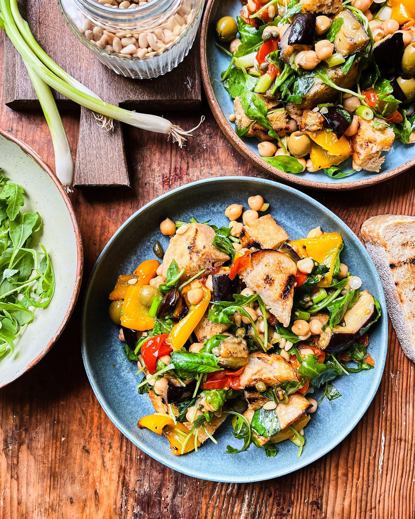 smoky aubergine panzanella & chickpea salad