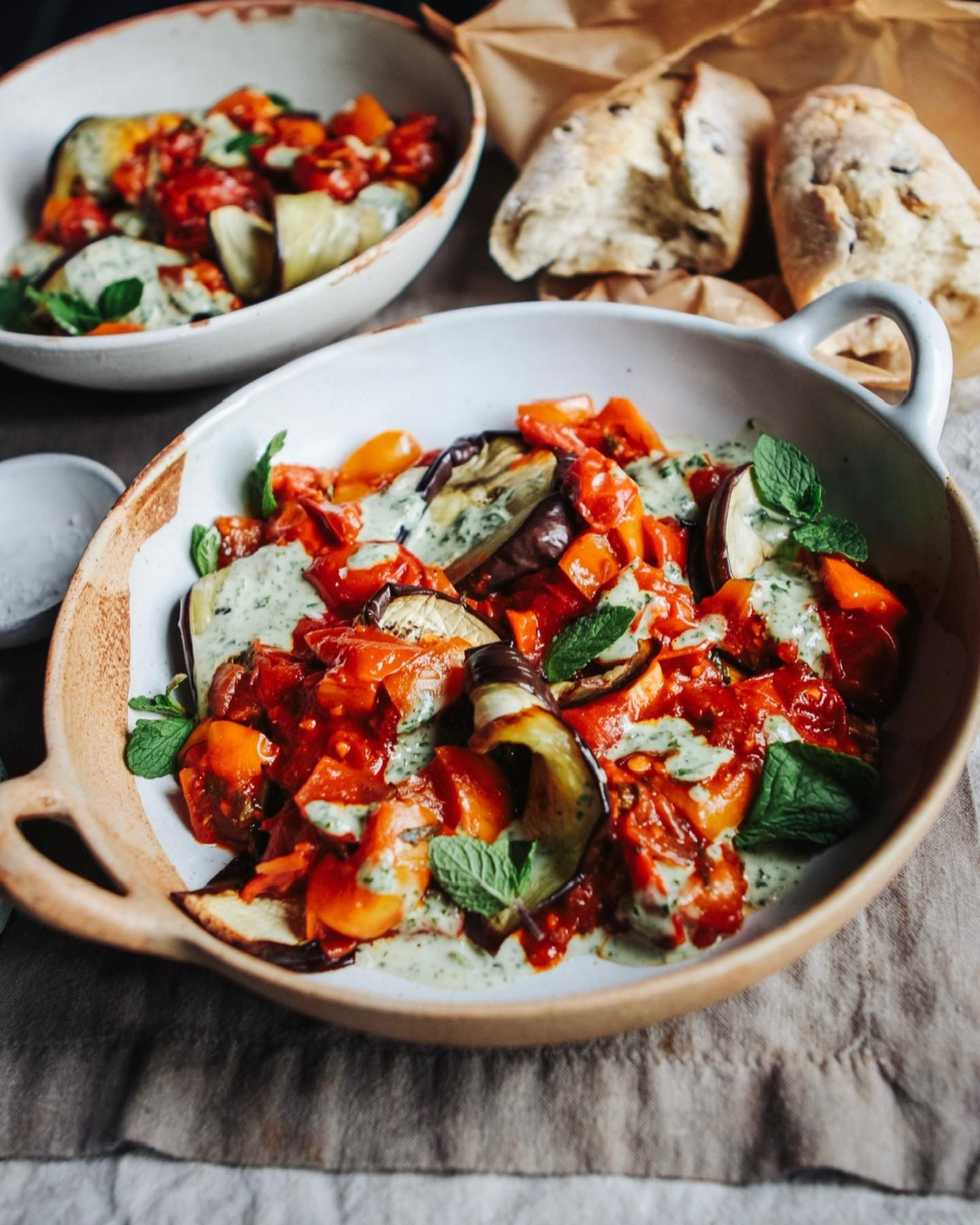 Spiced Smoky Tomatoes, Griddled Aubergine and Herby Tahini 🤩