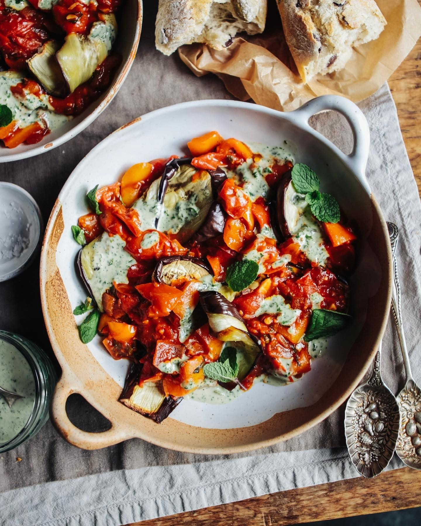 Spiced Smoky Tomatoes, Griddled Aubergine and Herby Tahini 🤩