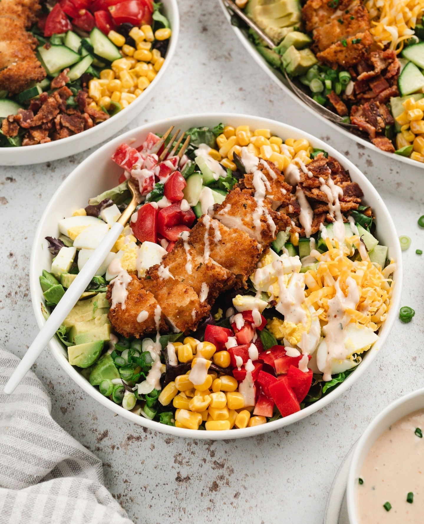 This Crispy Chicken Salad is hearty, delicious, and absolutely loaded! It has crispy frie