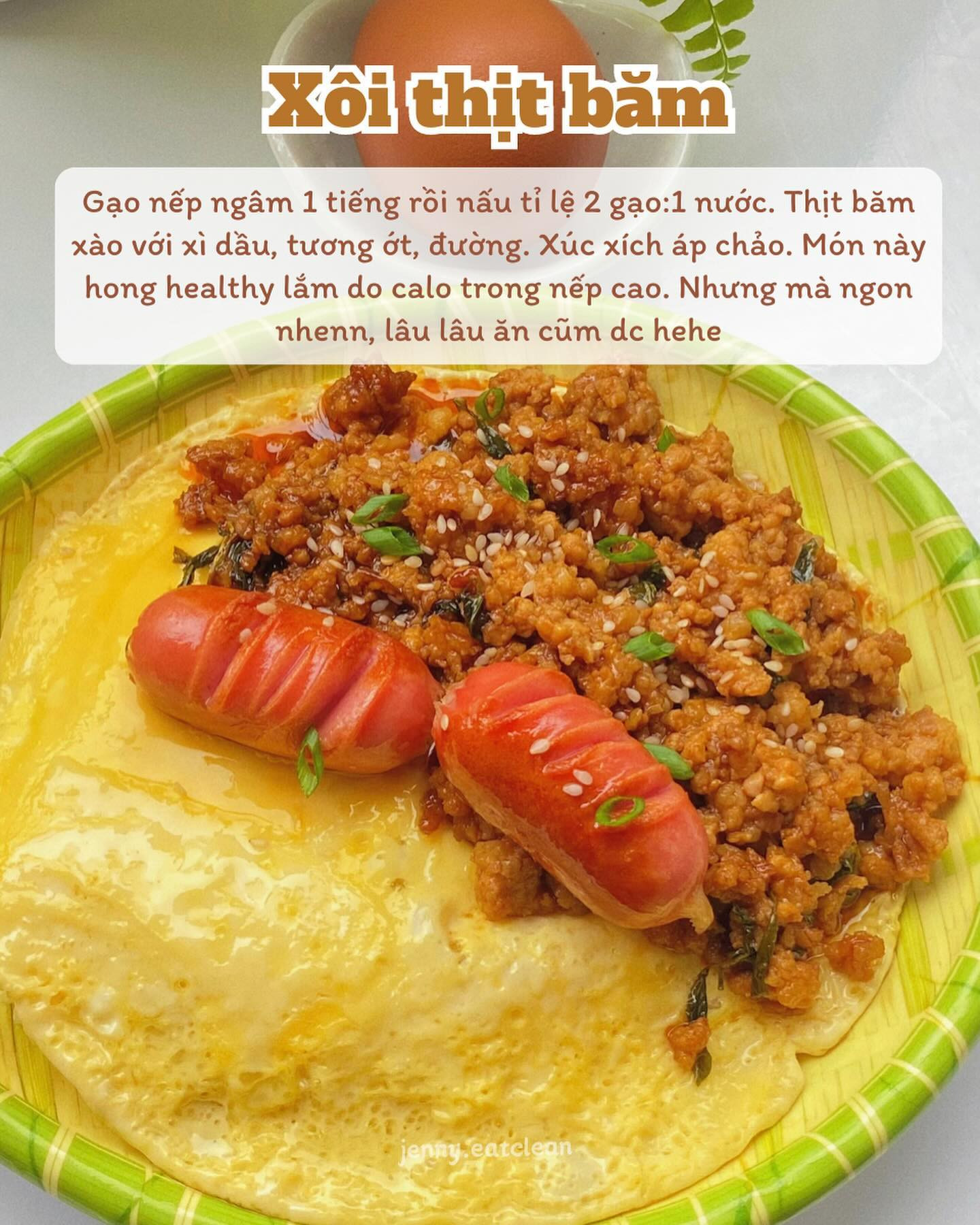 thịt băm xào lá quế, bánh mì cá healthy, mì udon sốt teriyaki, đậu hũ sốt thịt băm, xôi thịt băm, bún trộn ngũ sắc.