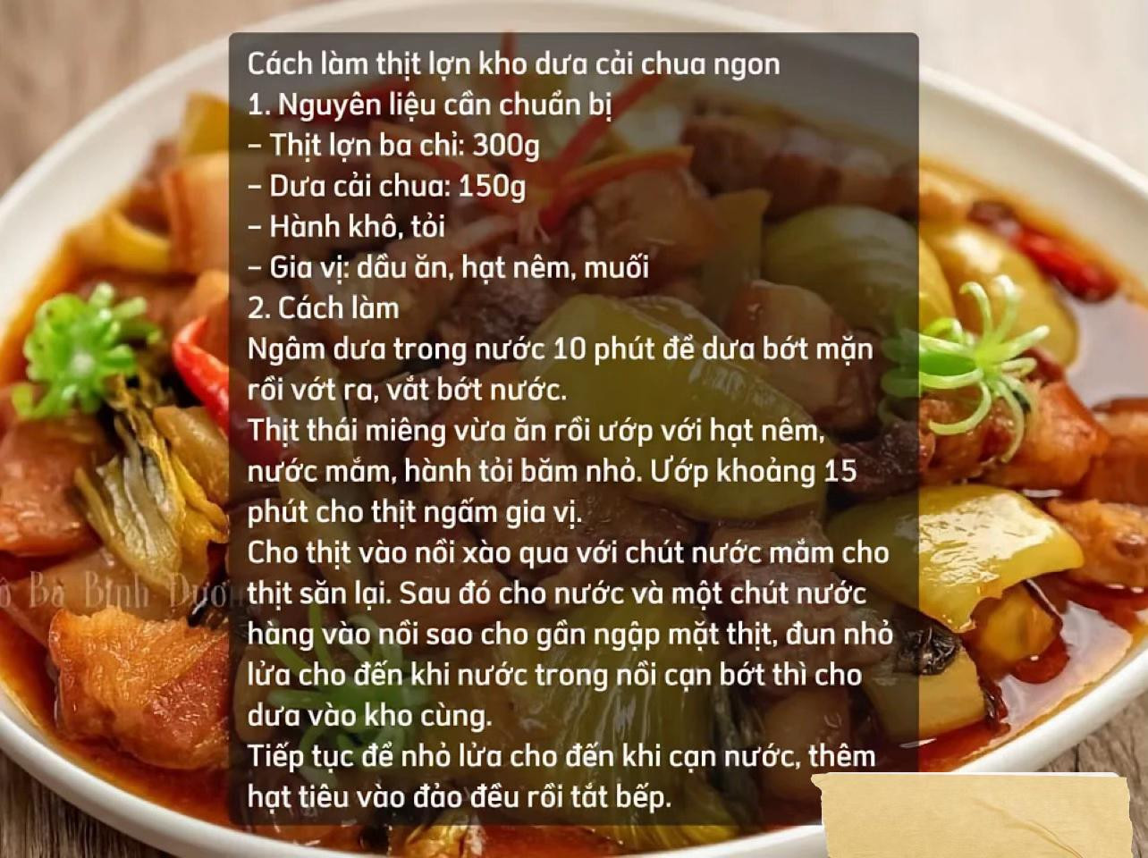 thịt lợn kho dưa, rôm rim, sườn xào chua ngọt, thịt heo cháy cạnh, cánh gà chiên giòn, mì xào bò rau muống.