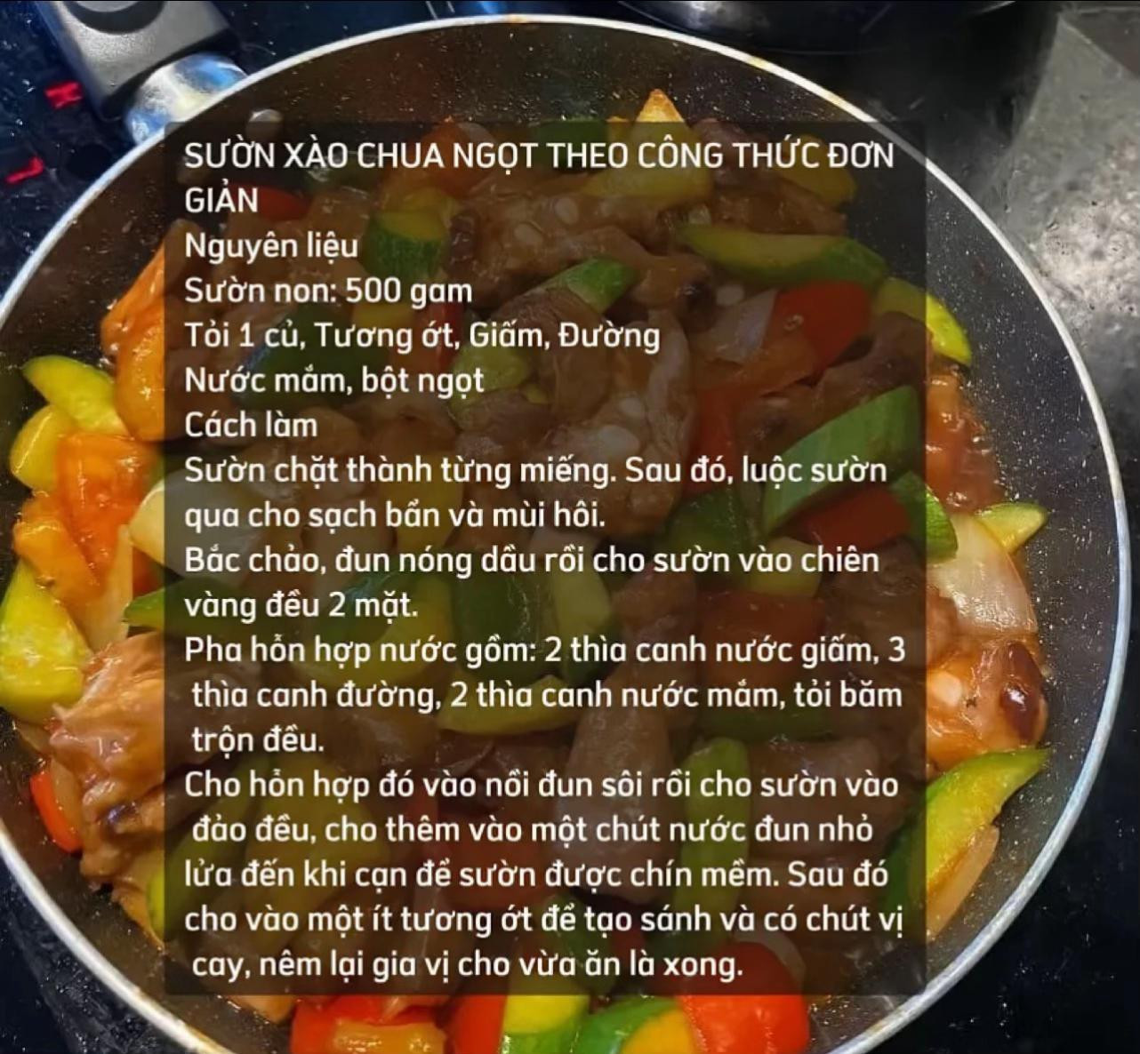 thịt lợn kho dưa, rôm rim, sườn xào chua ngọt, thịt heo cháy cạnh, cánh gà chiên giòn, mì xào bò rau muống.