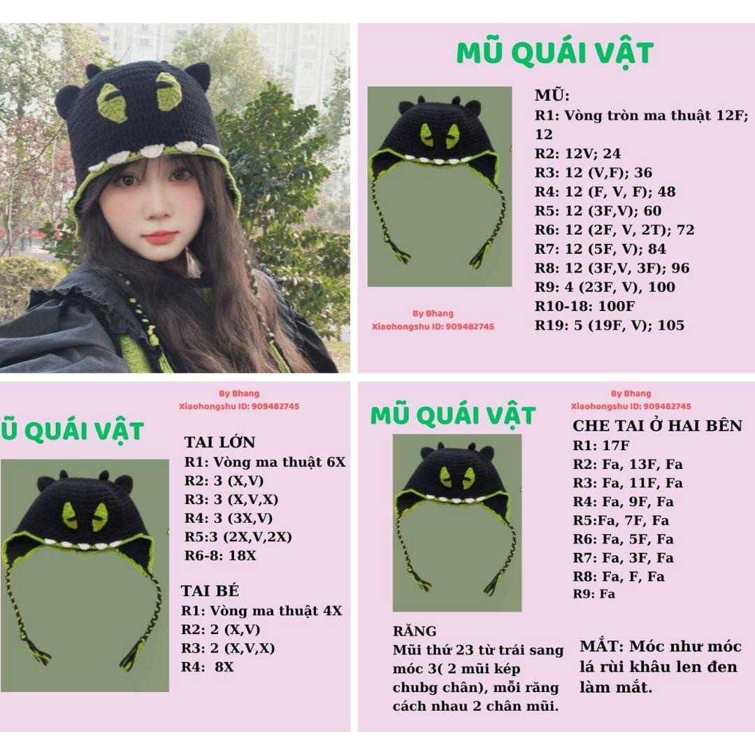 Tổng hợp các chart móc mũ, mũ gấu nâu, mũ gấu panda, mũ quái vật, mũ nồi, mũ ếch.