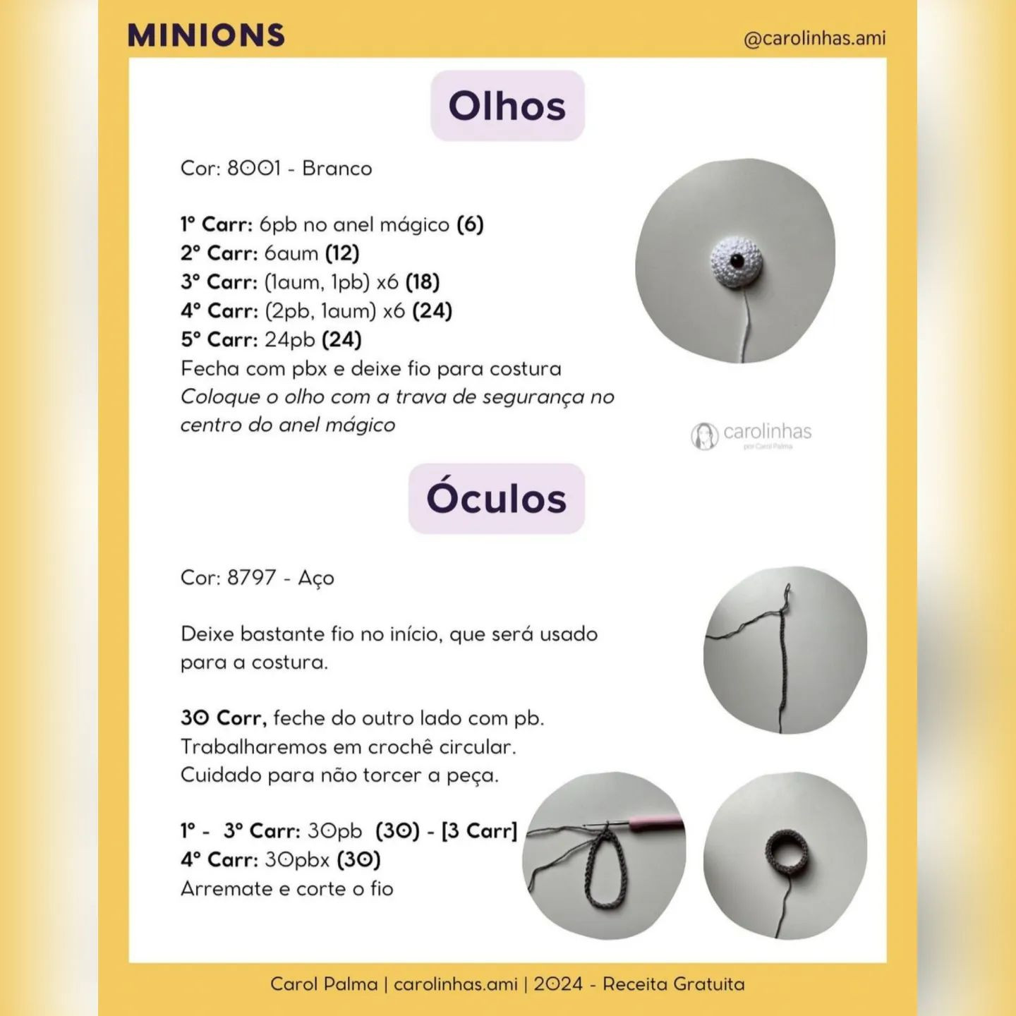 Padrão de crochê dos Minions a usar macacão