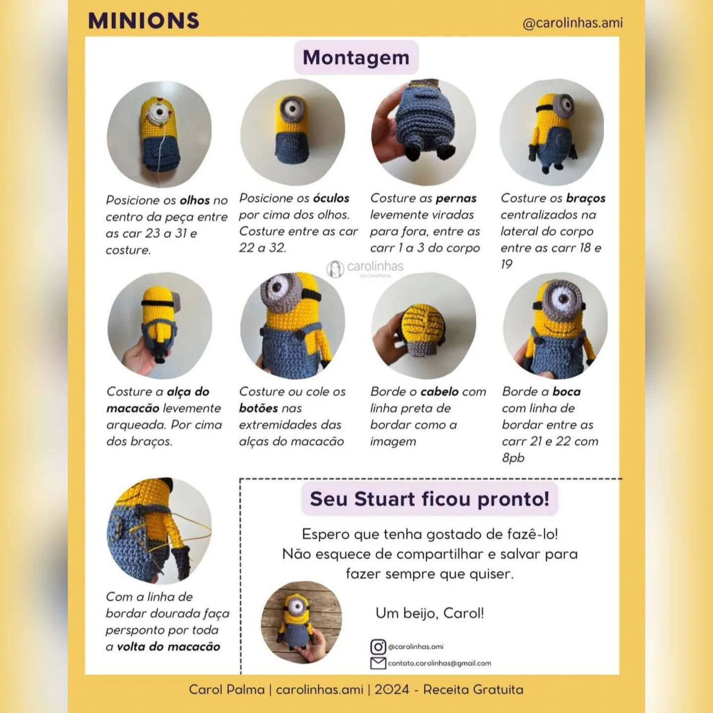 Padrão de crochê dos Minions a usar macacão