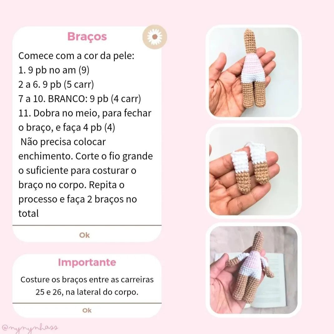 Padrão de crochet para uma boneca com vestido cor-de-rosa e cabelo castanho