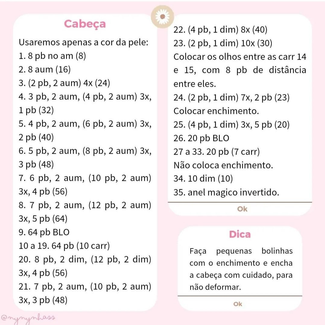 Padrão de crochet para uma boneca com vestido cor-de-rosa e cabelo castanho