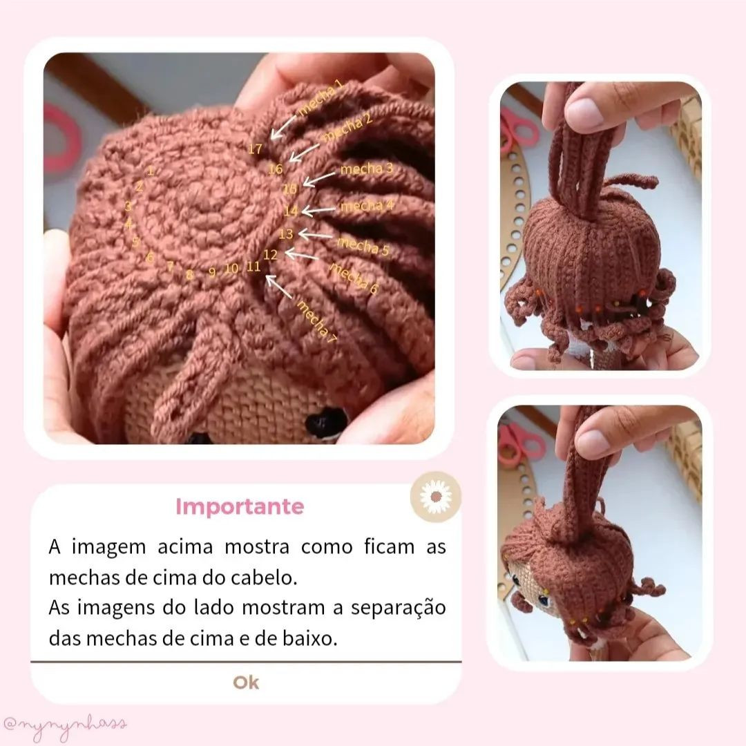 Padrão de crochet para uma boneca com vestido cor-de-rosa e cabelo castanho