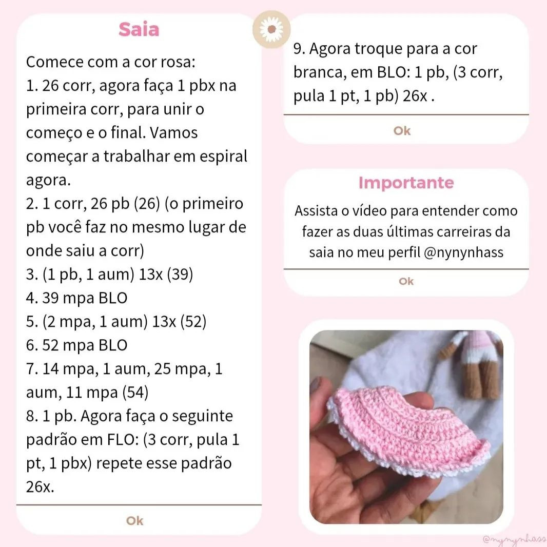 Padrão de crochet para uma boneca com vestido cor-de-rosa e cabelo castanho