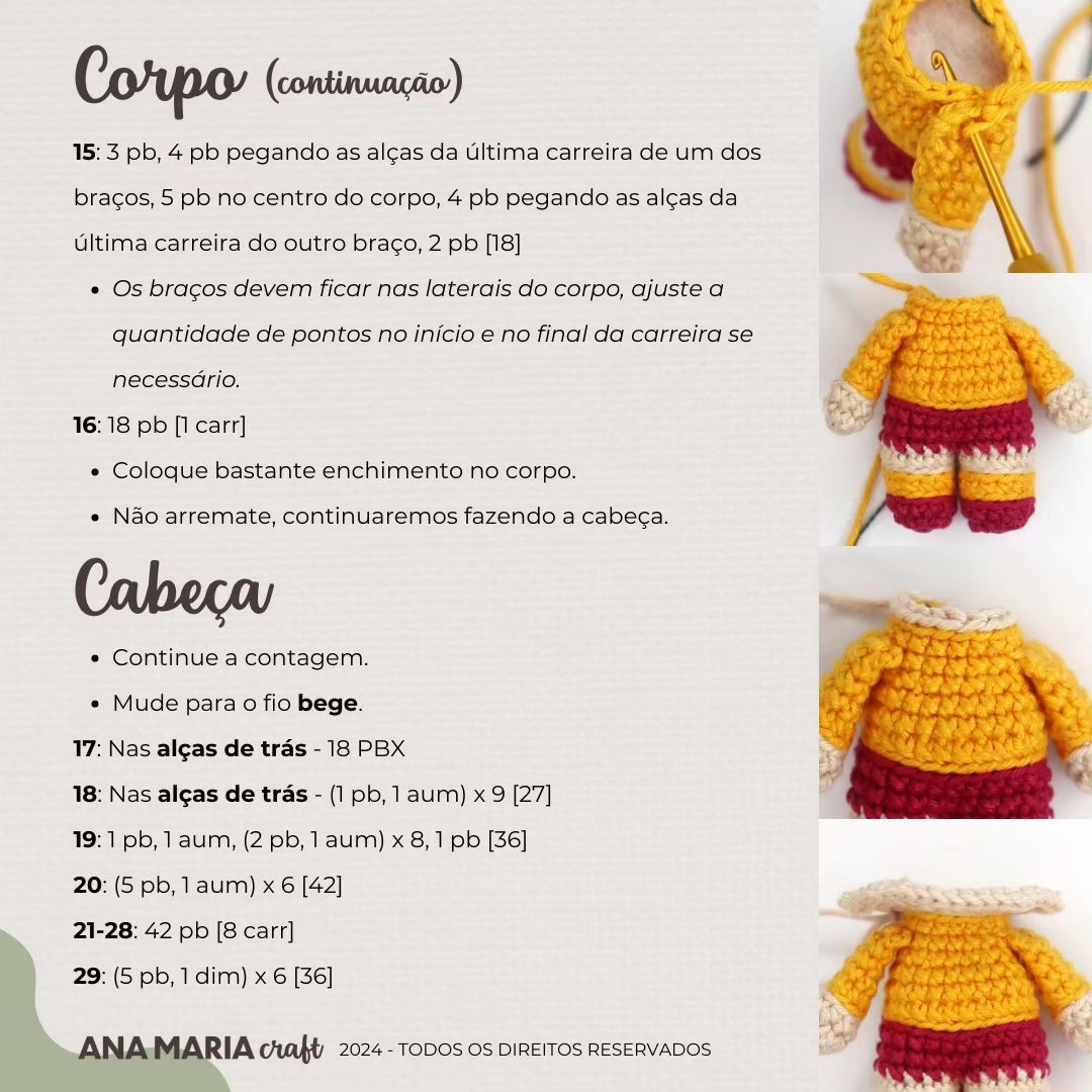 Padrão de crochet para uma boneca de óculos e cabelo castanho.