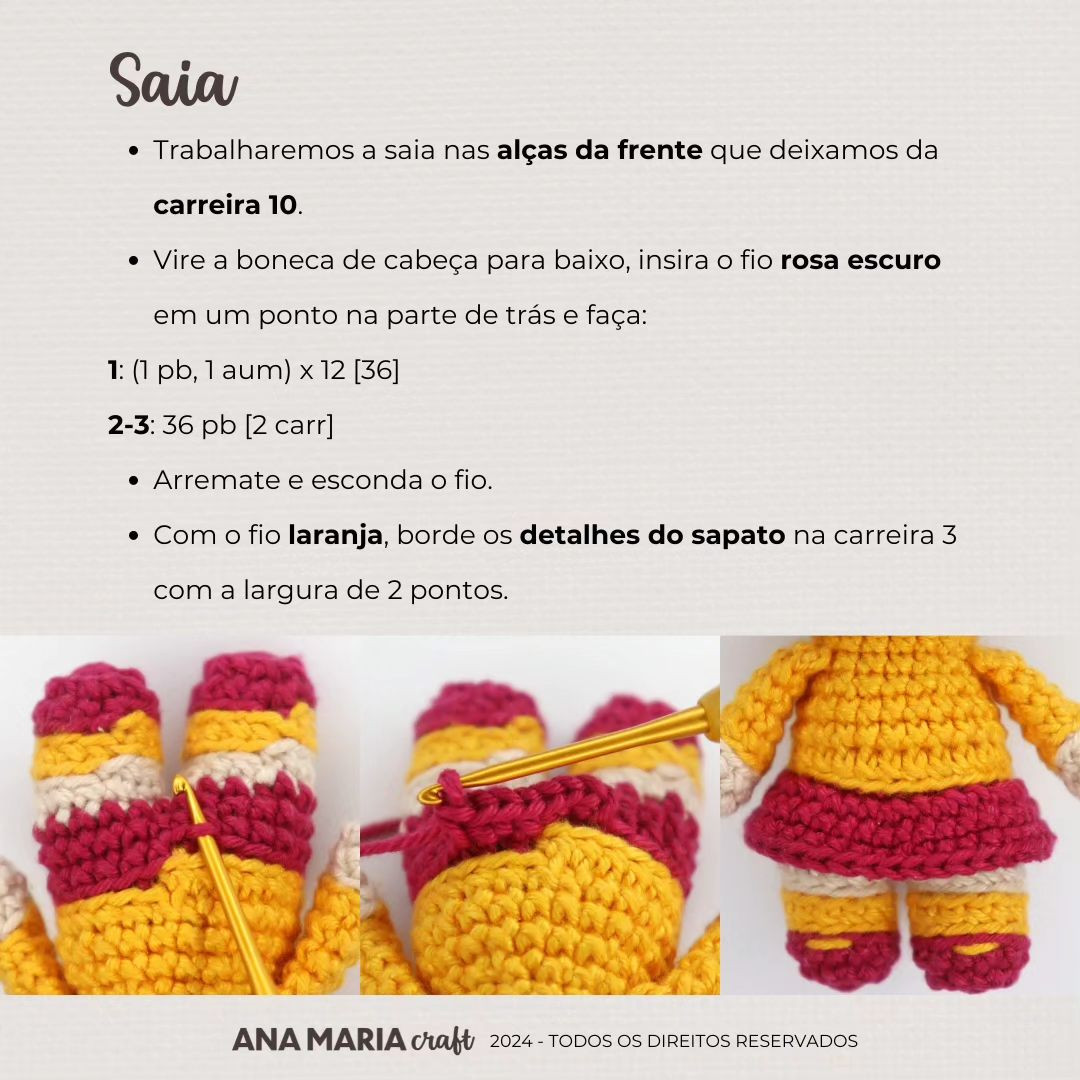 Padrão de crochet para uma boneca de óculos e cabelo castanho.