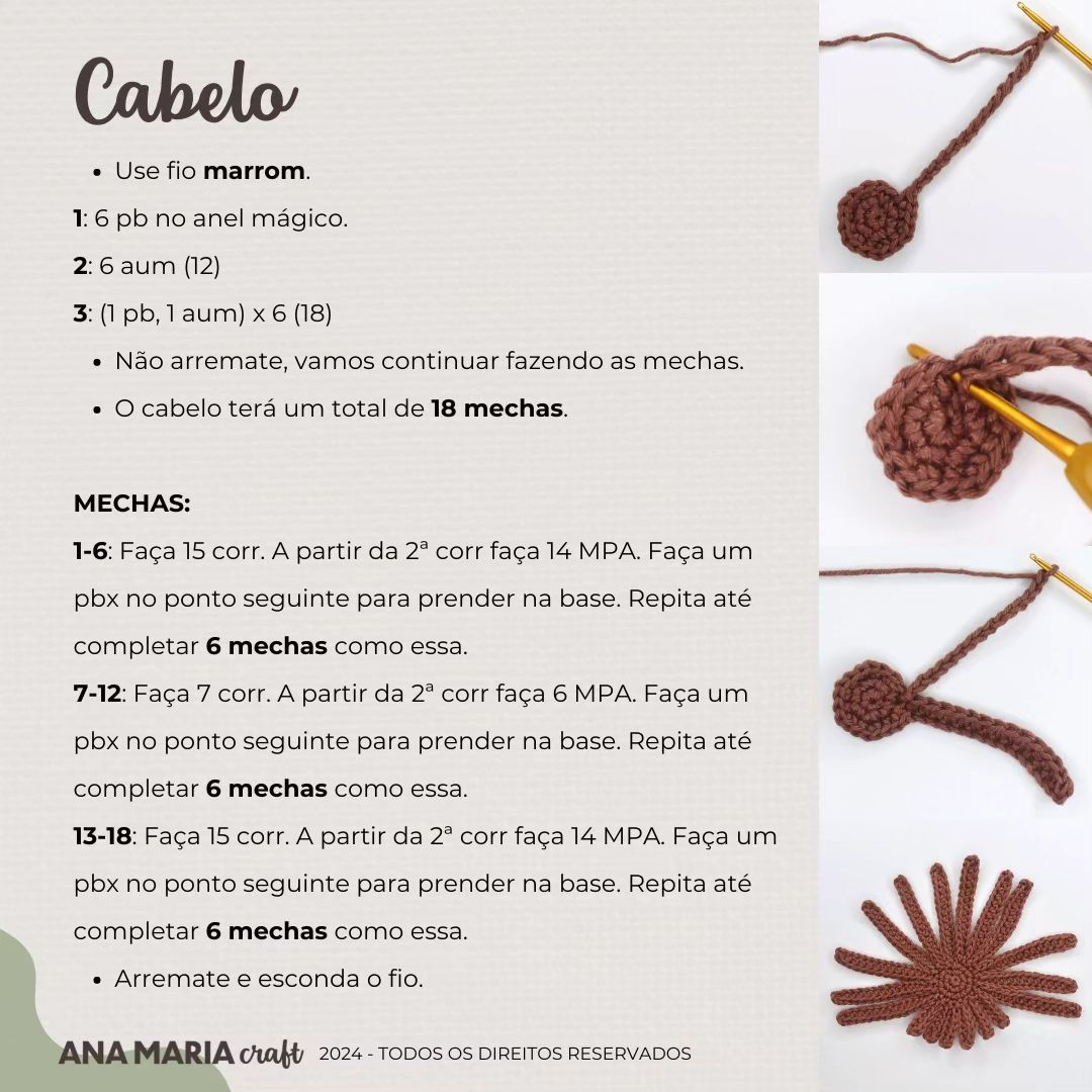 Padrão de crochet para uma boneca de óculos e cabelo castanho.