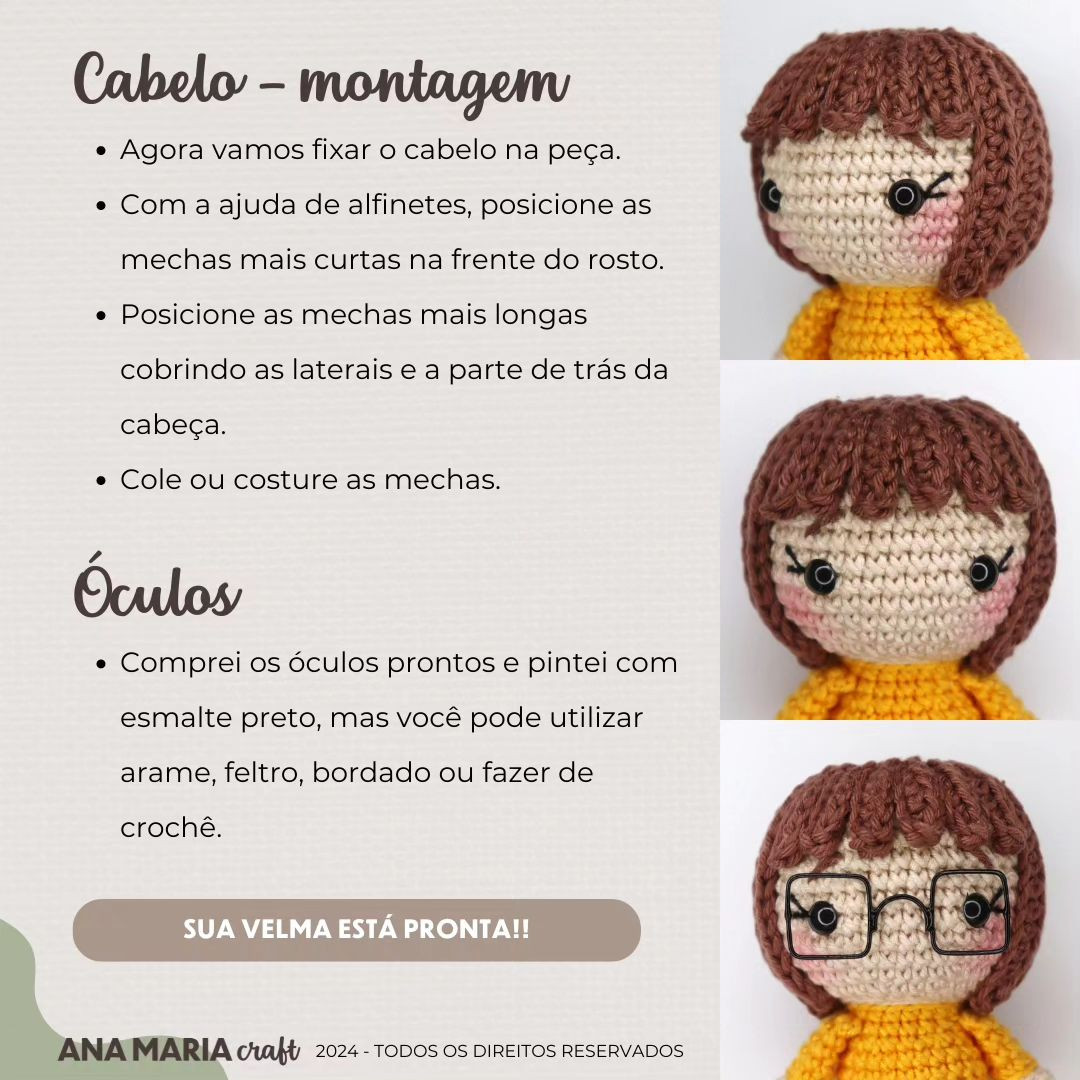 Padrão de crochet para uma boneca de óculos e cabelo castanho.