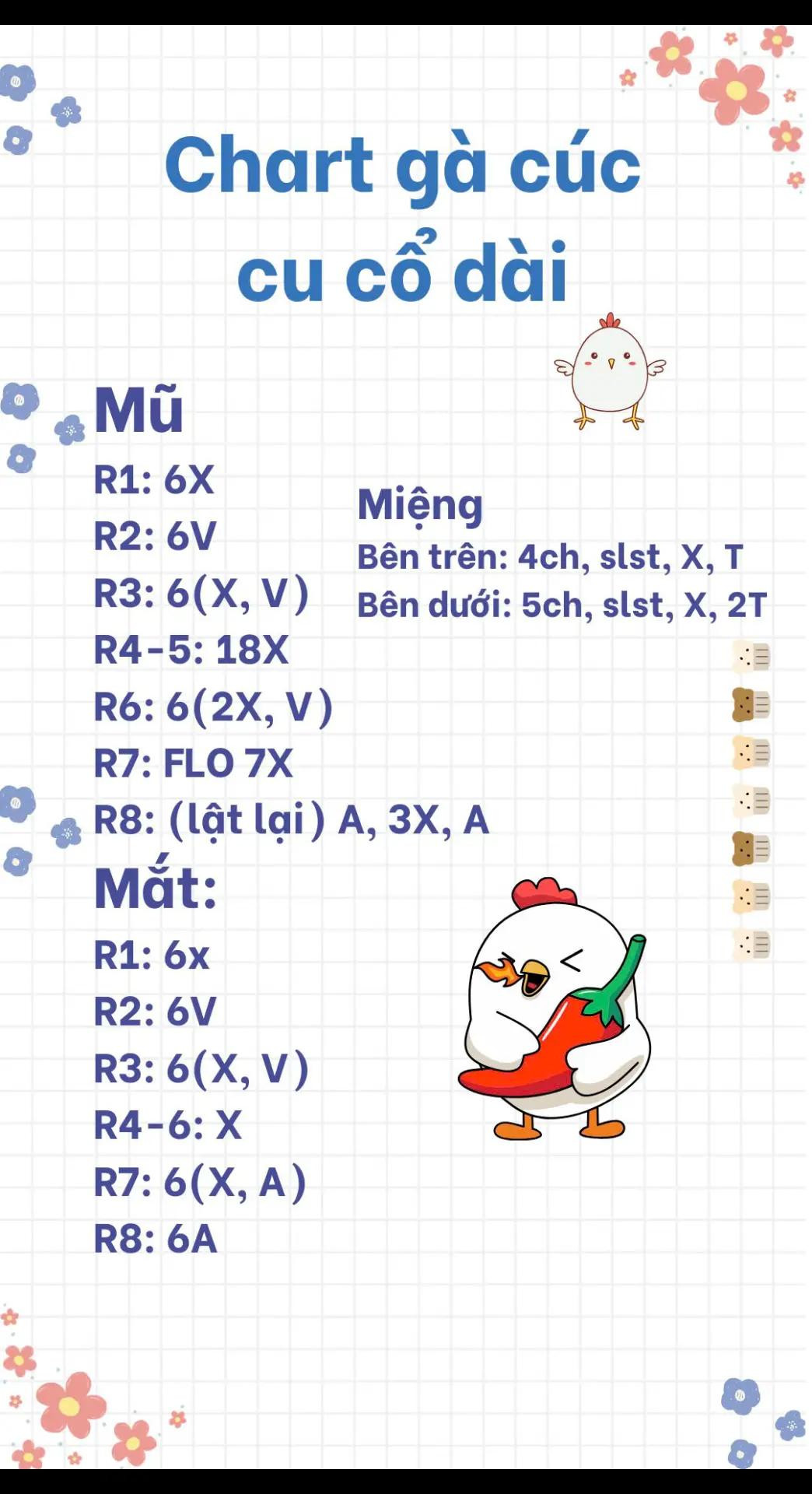 chart cô bé đội mũ, chart túi hình nấm, chart ngôi sao kitty, chart gà cúc cu cổ dài