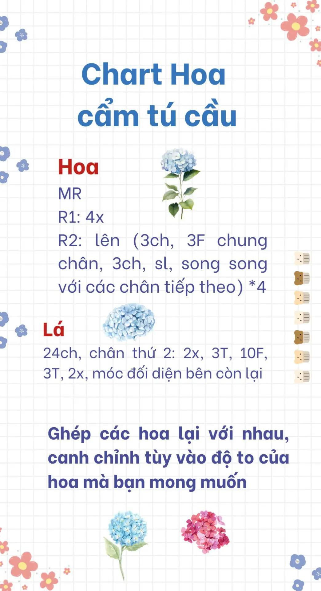 chart móc hoa cẩm chướng, hoa hồng, hoa cẩm tú cầu, hoa lavender