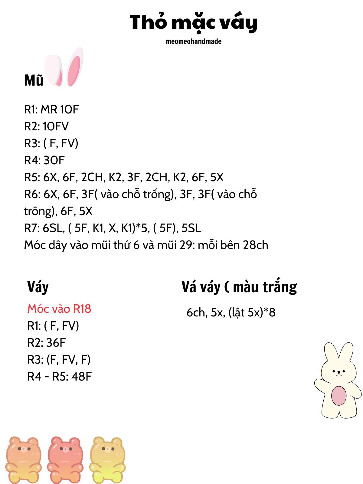 chart móc len thỏ mặc váy màu xanh