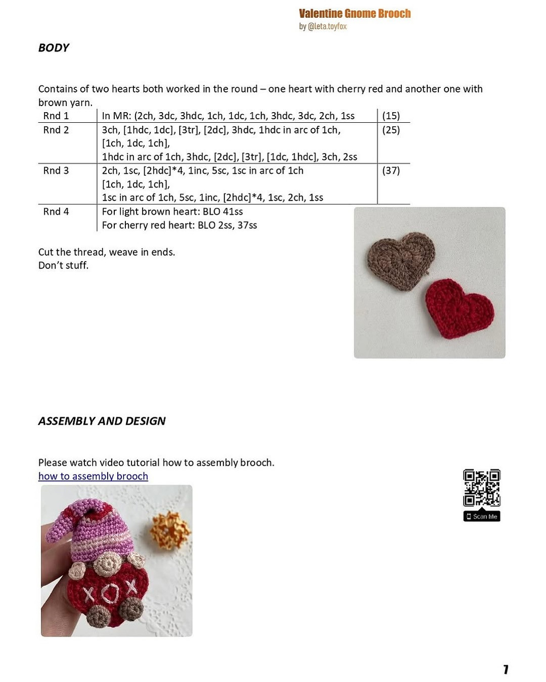 valentine's gnome brooch free crochet pattern