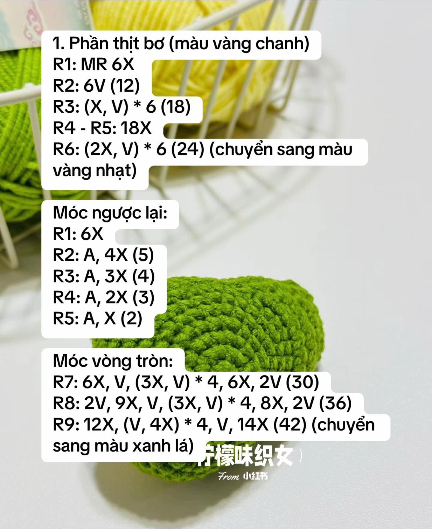 chart móc len quả bơ bổ đôi.