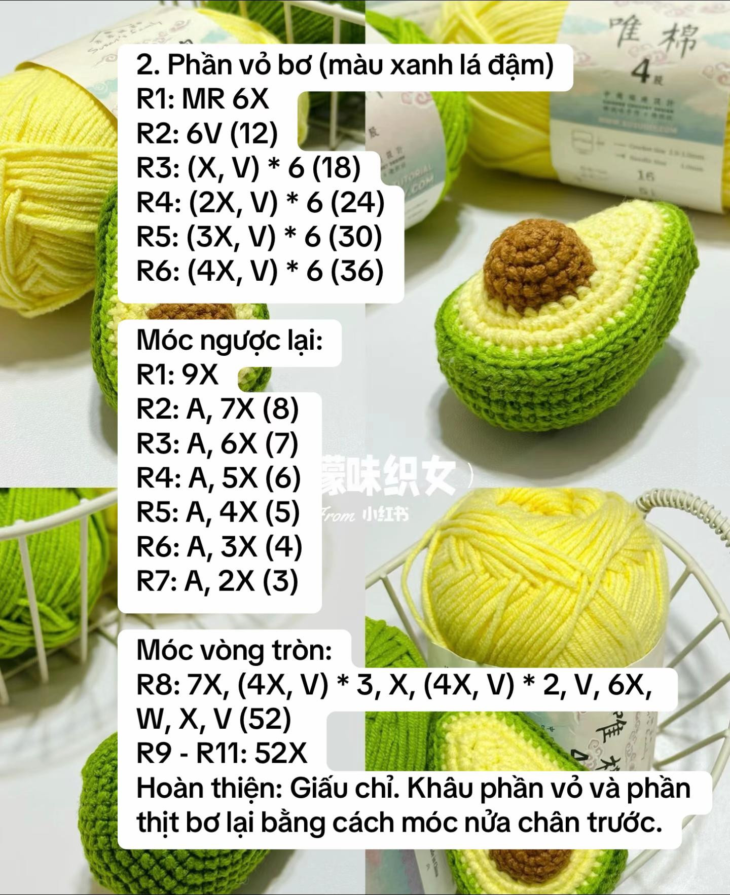 chart móc len quả bơ bổ đôi.