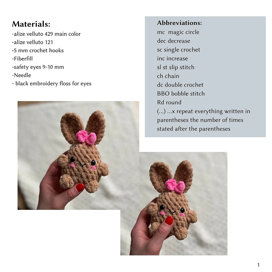 Crochet brown rabbit with pink bow