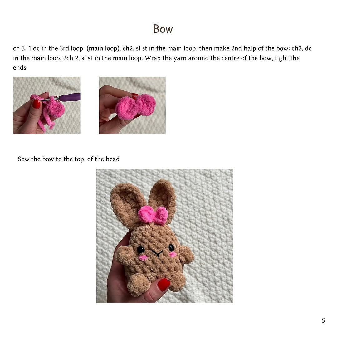 Crochet brown rabbit with pink bow