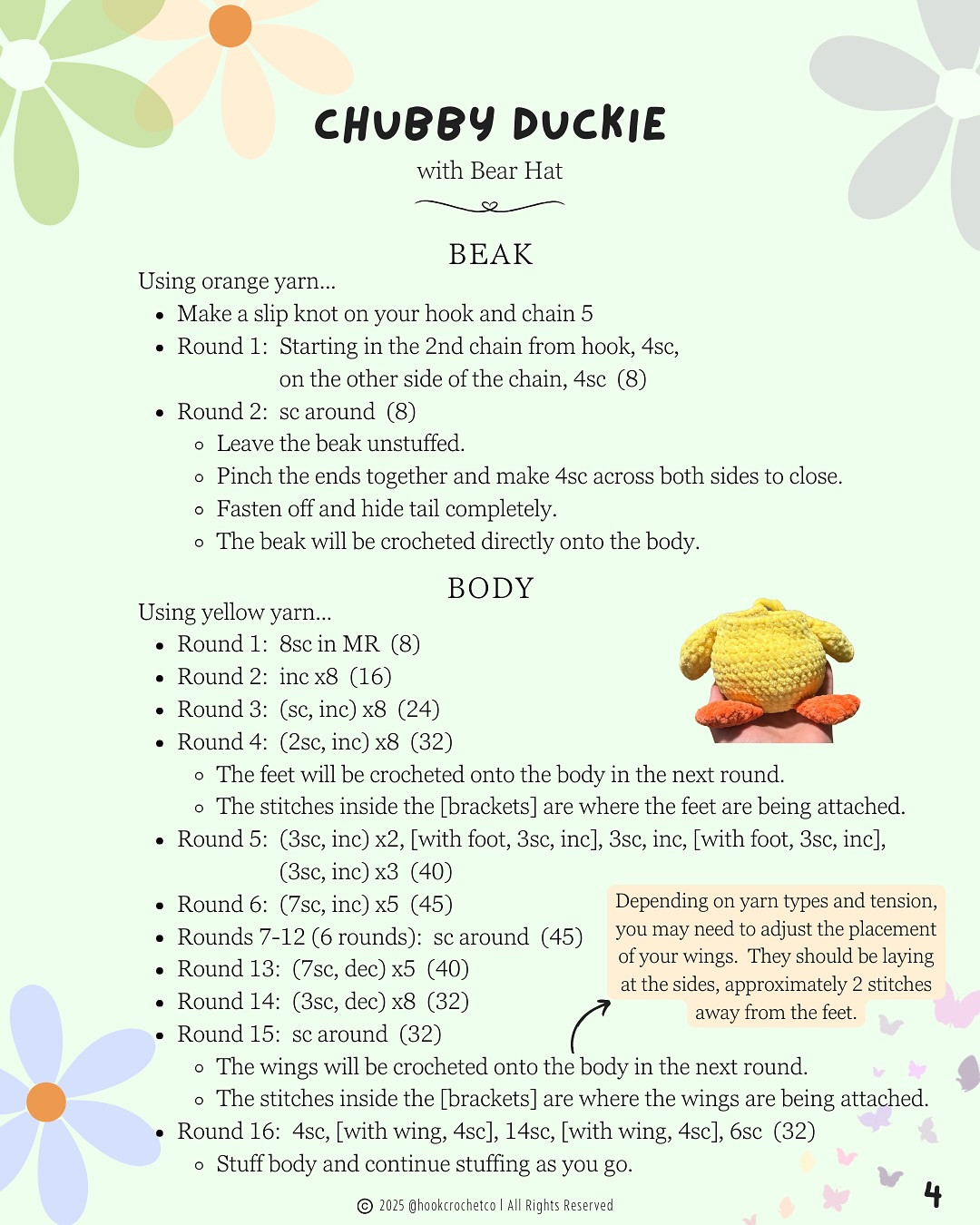 free pattern chubby duckie with bear hat