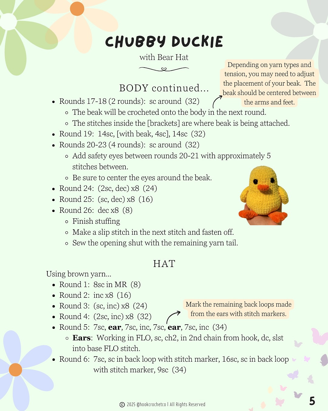 free pattern chubby duckie with bear hat