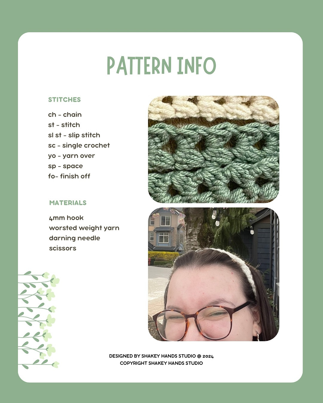 headband crochet pattern, white, green