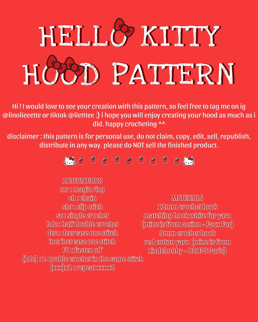 hello kitty hood free pattern