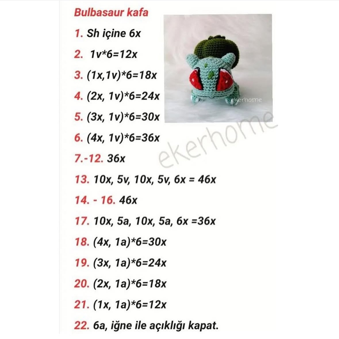 Bulbasaur Amigurumi Tığ İşi Şeması Ücretsiz