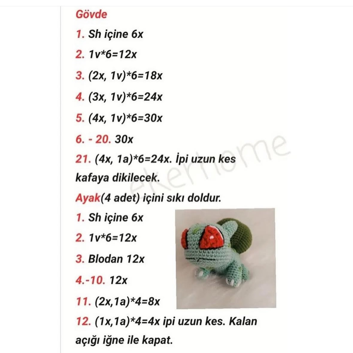 Bulbasaur Amigurumi Tığ İşi Şeması Ücretsiz