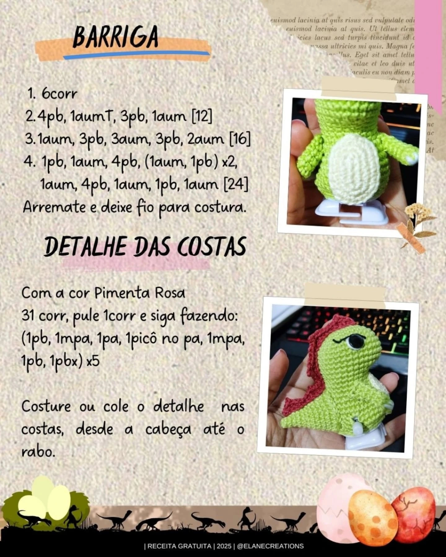 Dino de crochê: gráfico gratuito