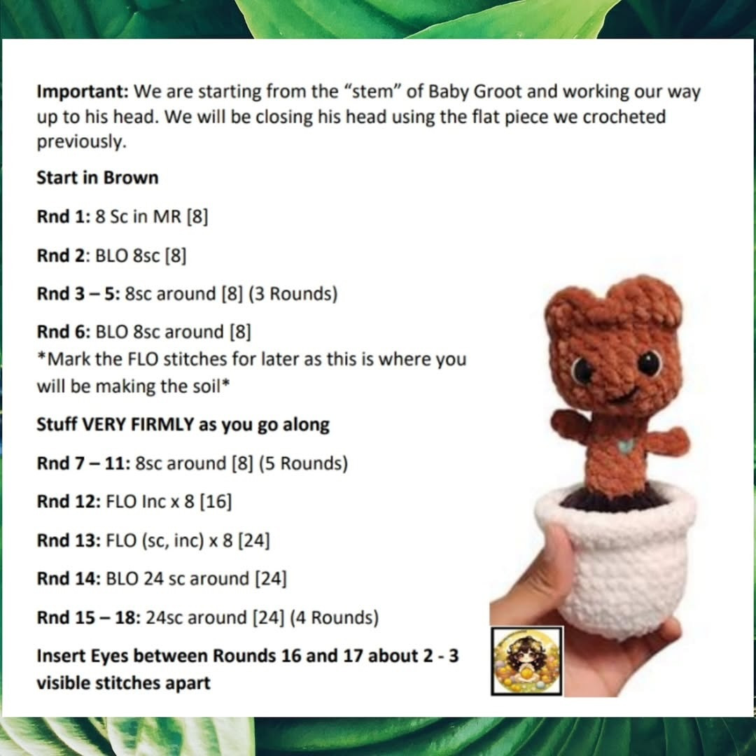 English: Crochet Pattern: No-Sew Baby Groot in a Pot