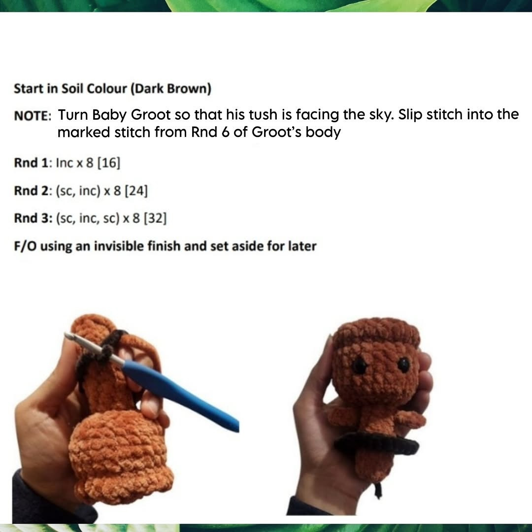 English: Crochet Pattern: No-Sew Baby Groot in a Pot