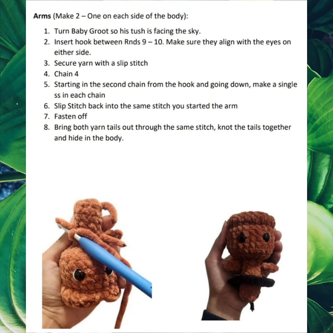 English: Crochet Pattern: No-Sew Baby Groot in a Pot