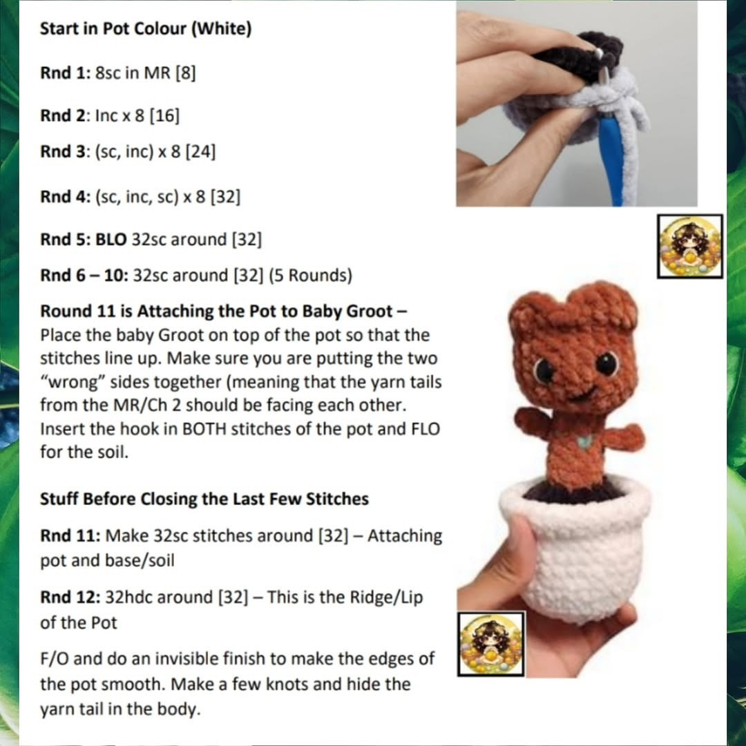English: Crochet Pattern: No-Sew Baby Groot in a Pot