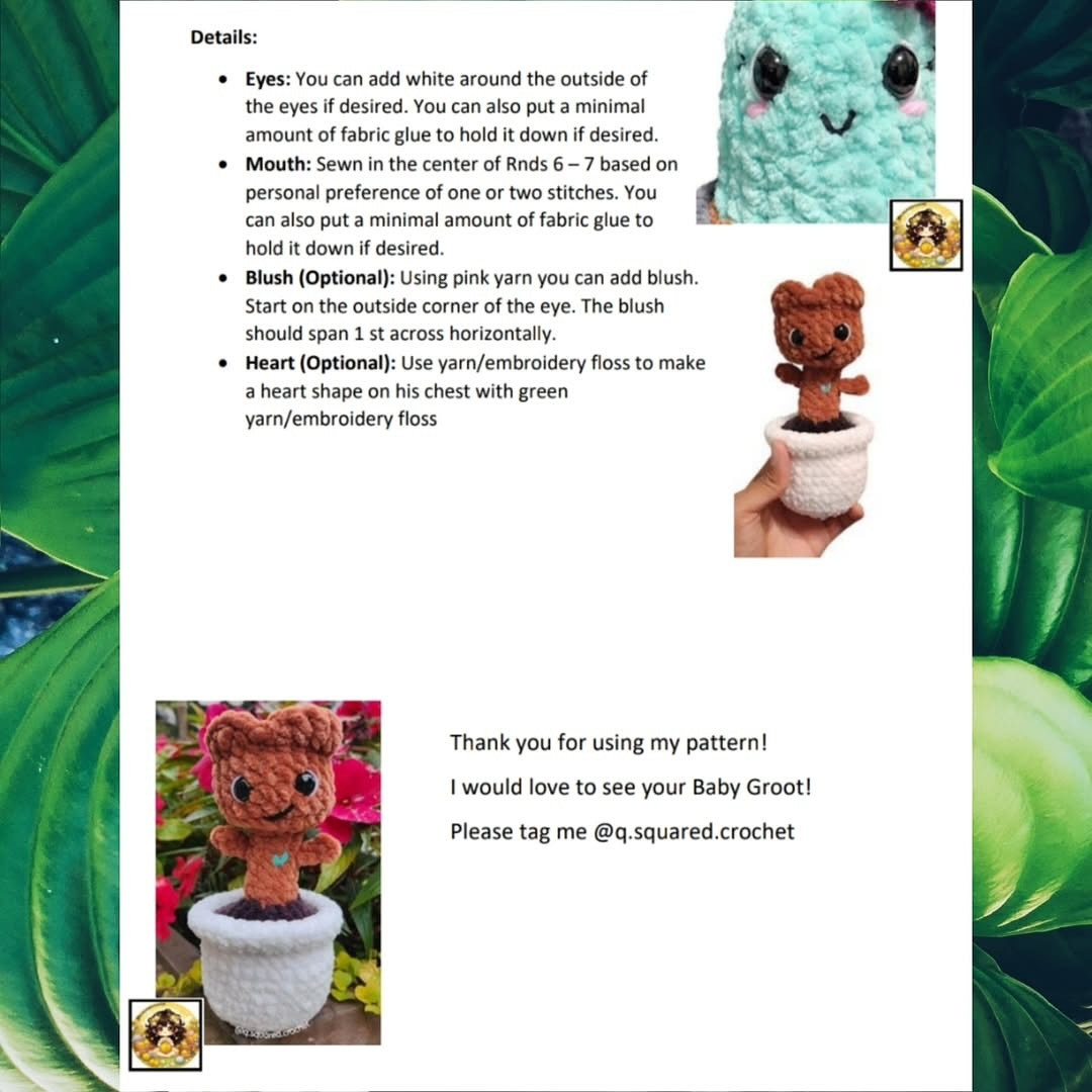 English: Crochet Pattern: No-Sew Baby Groot in a Pot