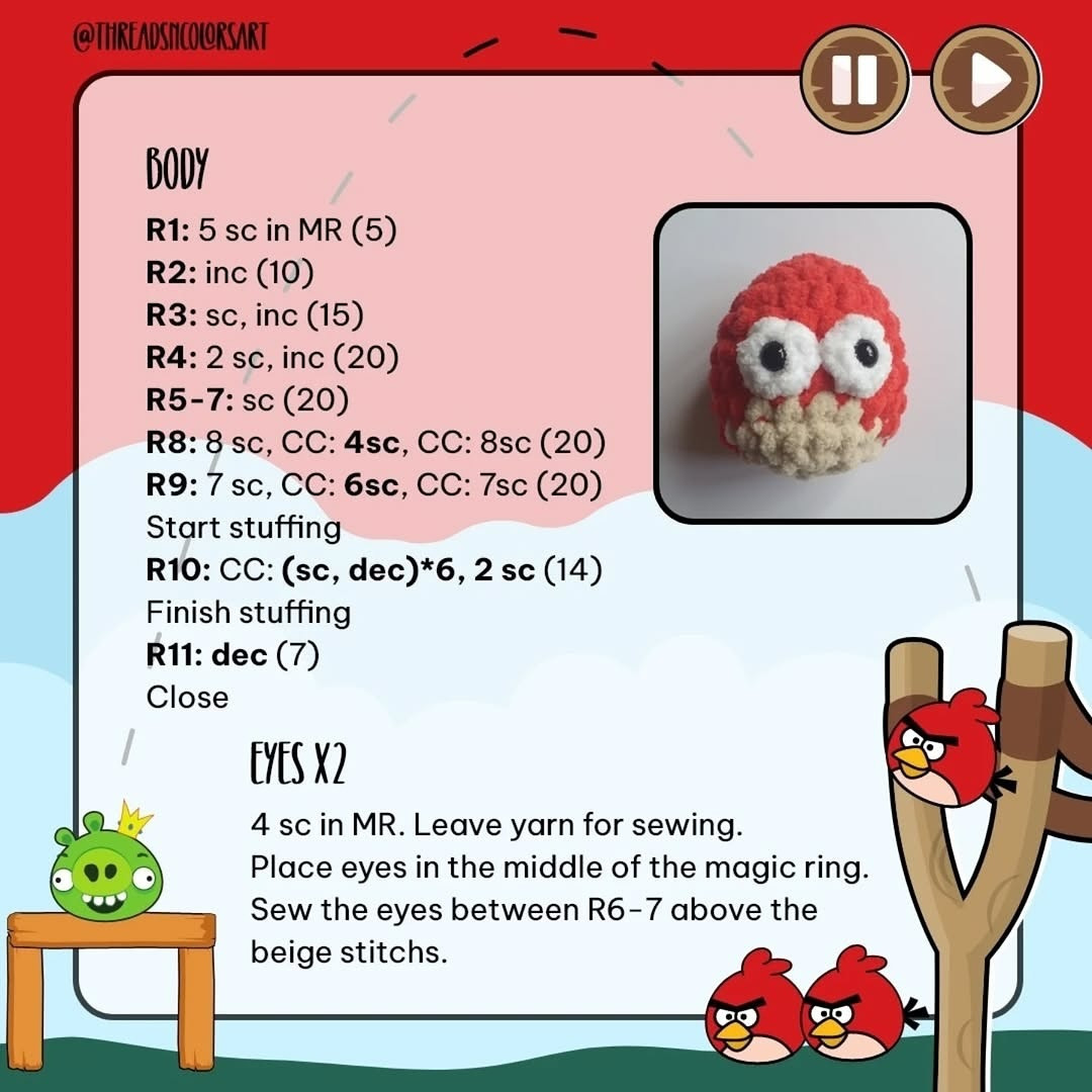 English: Free Crochet Pattern: Angry Red Bird Amigurumi