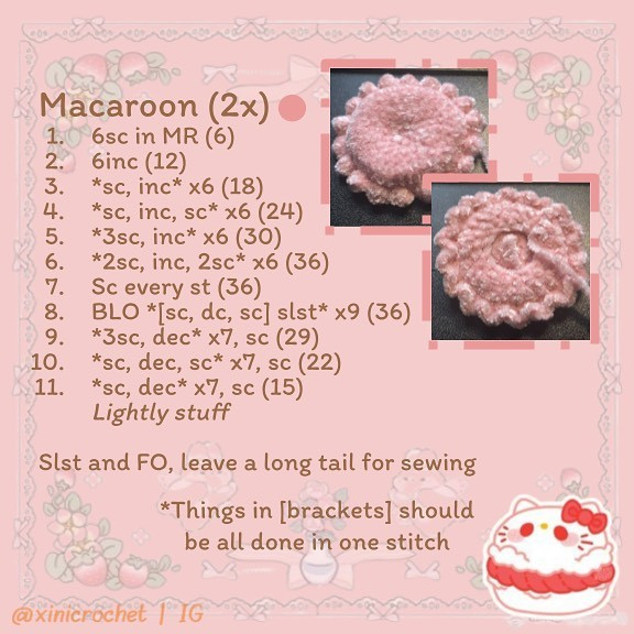 Free Crochet Pattern: Hello Kitty Cake Amigurumi
 ⋆𐙚₊˚⊹ ♡ Hello Kitty Macaroon