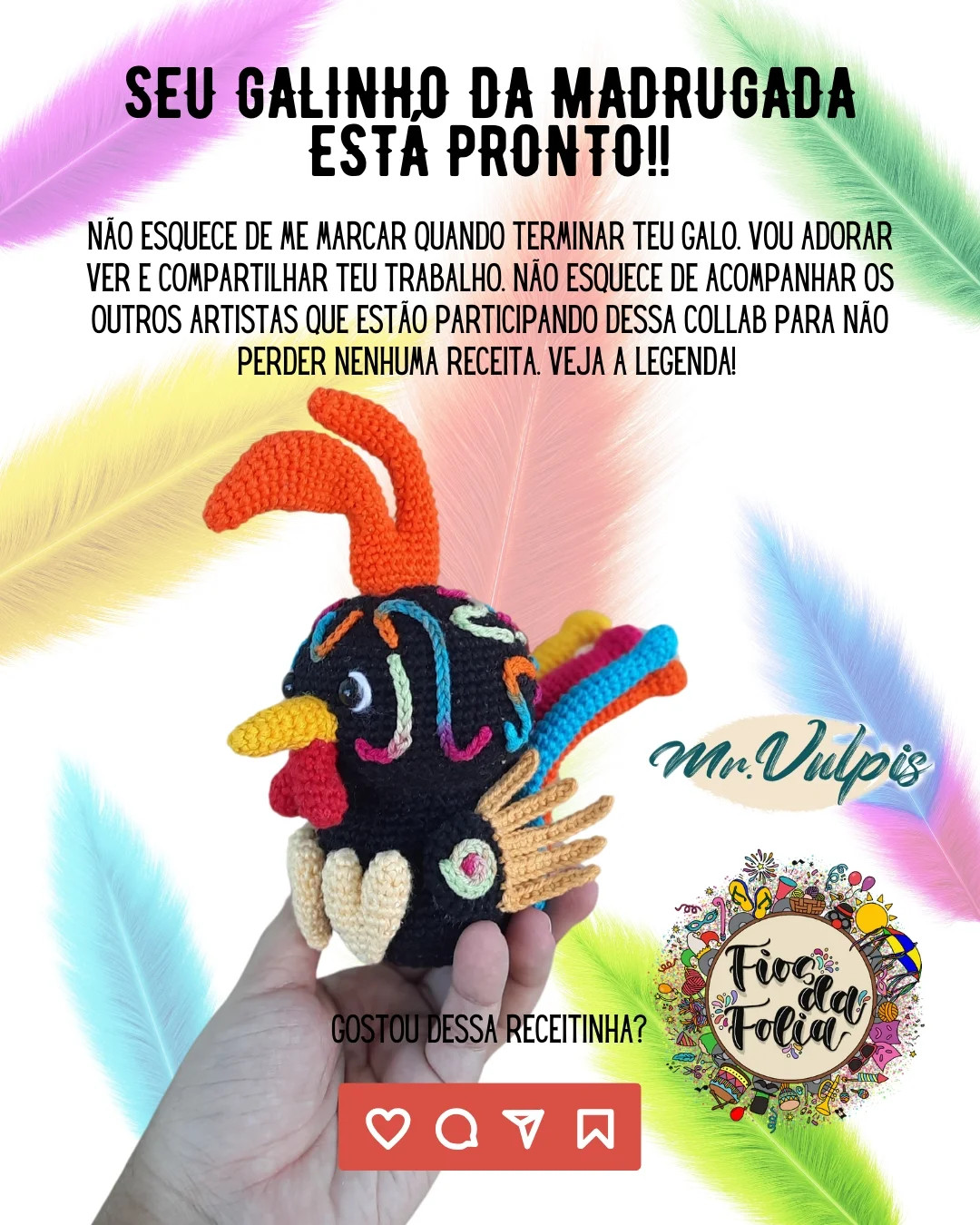 Galo de crochê colorido: Gráfico grátis!