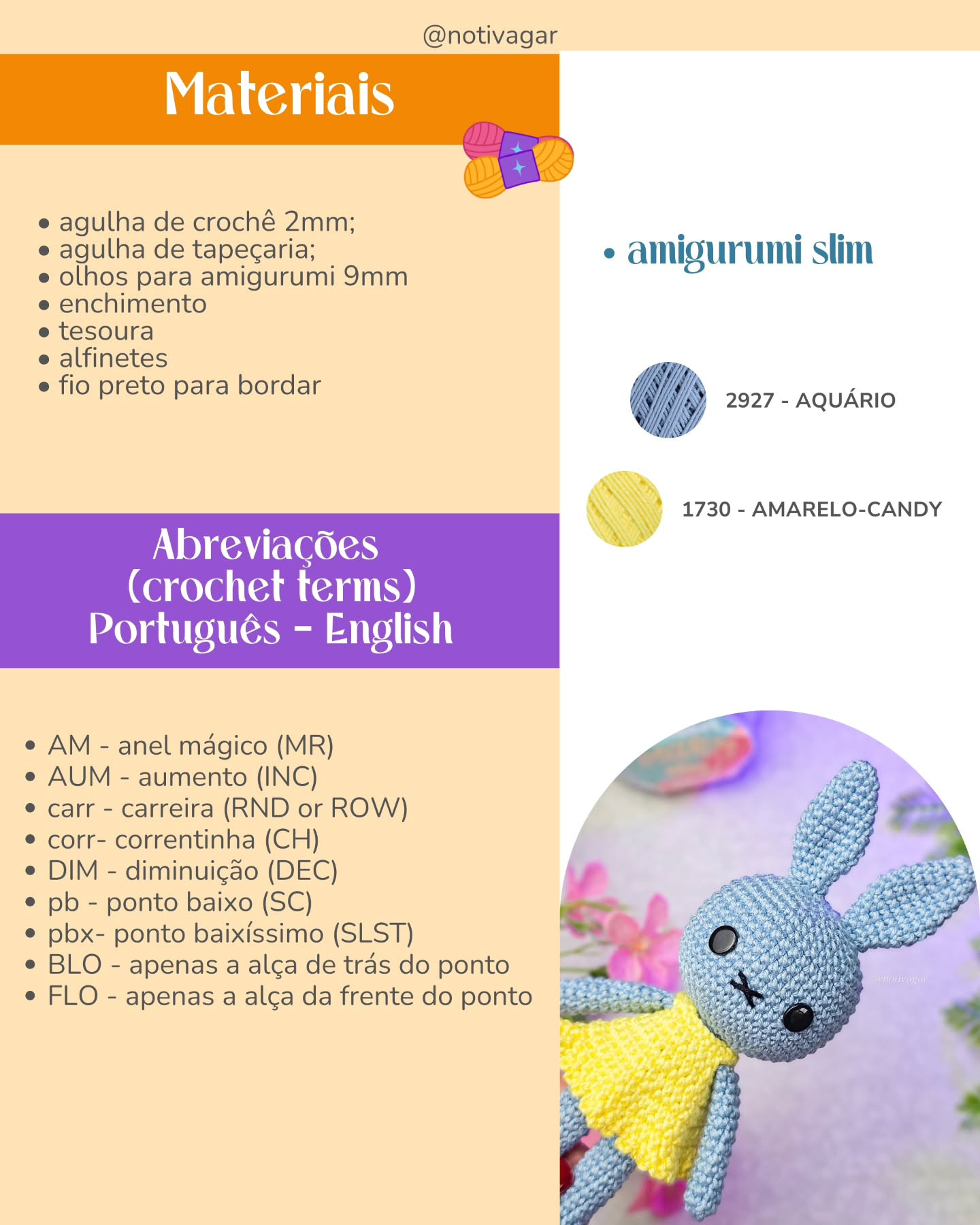 Gráfico de amigurumi de coelhinha azul e amarelo: receita gratuita