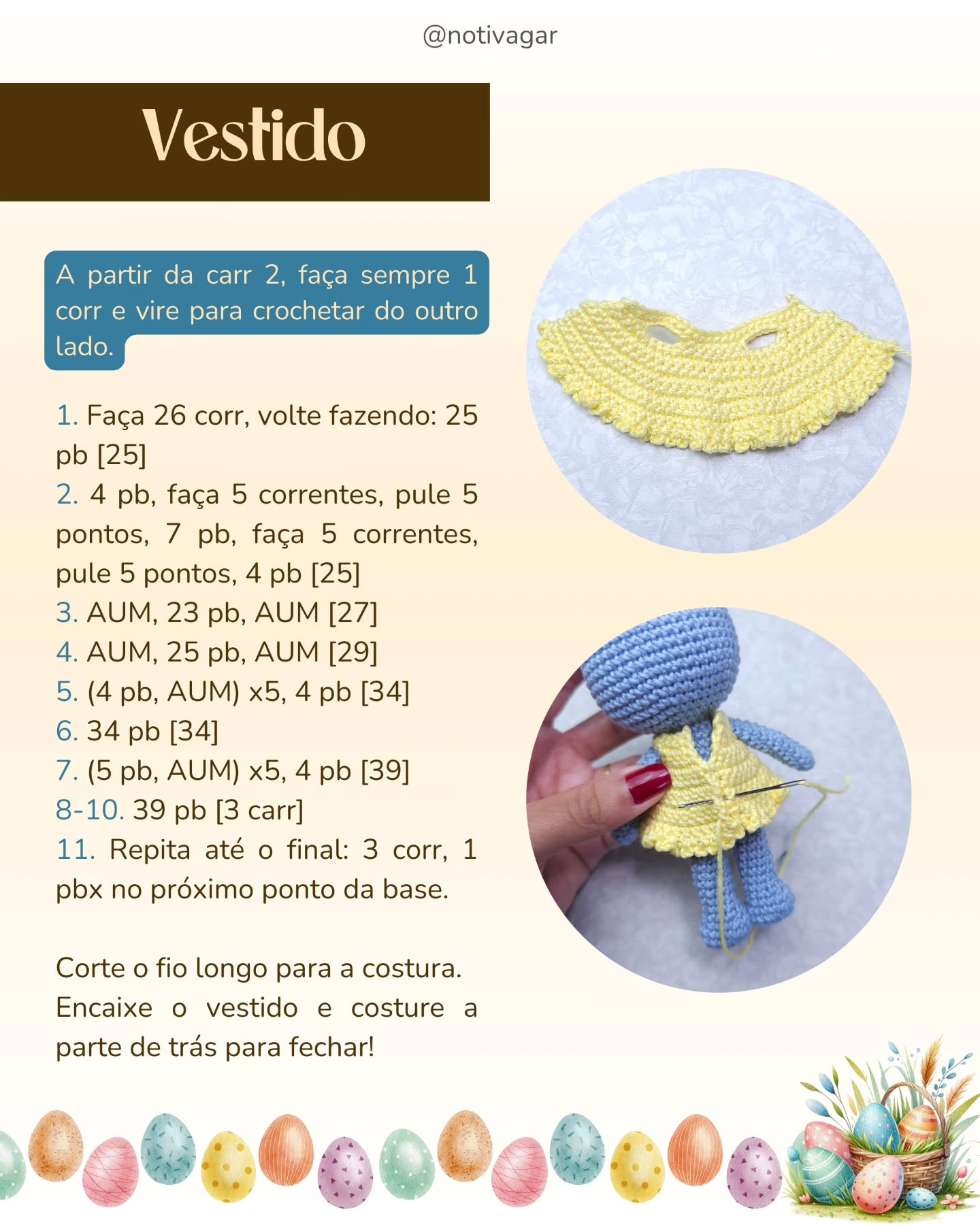 Gráfico de amigurumi de coelhinha azul e amarelo: receita gratuita